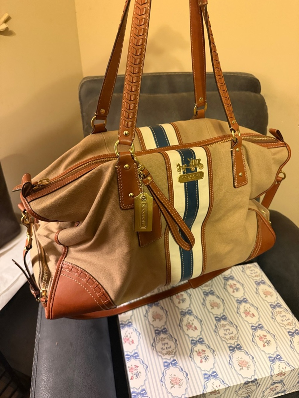 Rare Coach Beige Canvas Tote with Brown Leather Trim and Blue-White Stripe